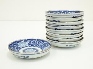 伊万里焼　印判染付花蔓文小皿9客